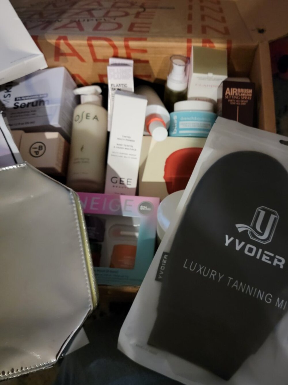 A box of brand new items from Sephora.